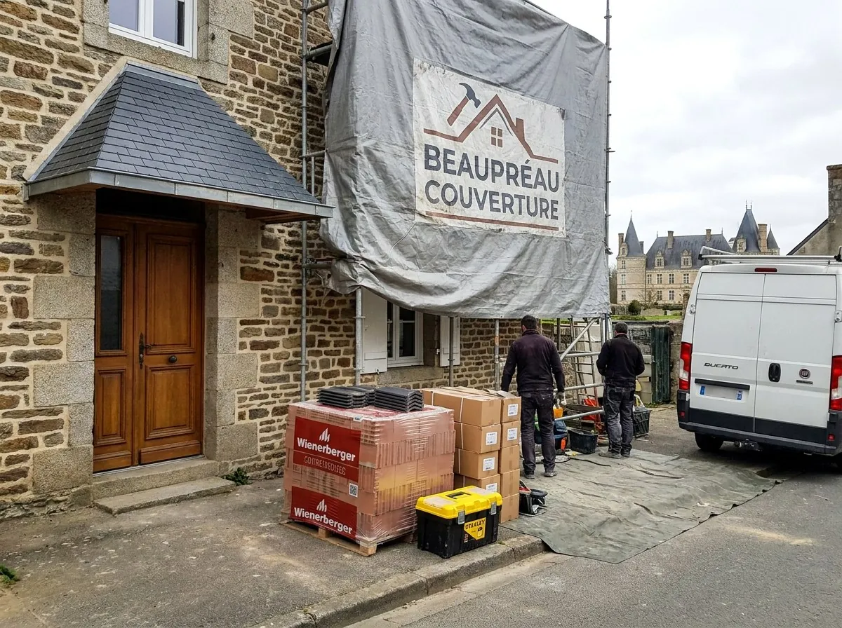 Auvent en ardoise et zinc terminé, bâche Beaupréau Couverture sur l'échafaudage, maison en schiste à Beaupréau-en-Mauges